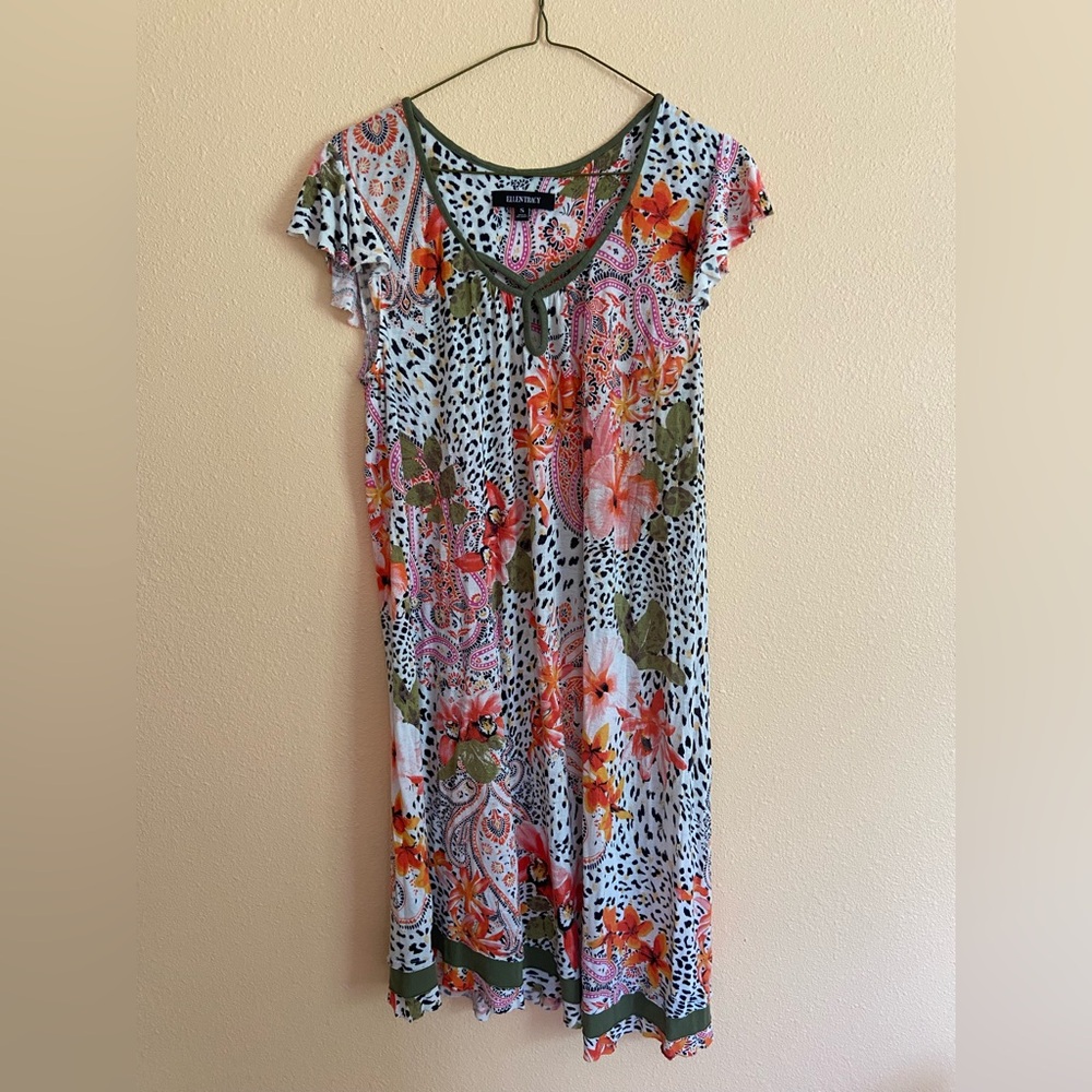 WOMENS ELLEN TRACY FLORAL PRINT CHEETAH SUMMER DRESS SIZE SMALL STRETCH